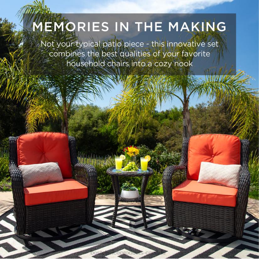4LT21406 Rust Best Choice Products 3-Piece Patio Wicker Bistro Furniture Set w/ 2 Swivel Rocking Chairs, Table