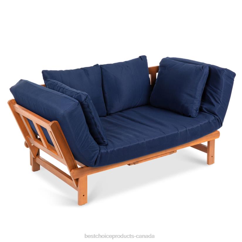 4LT21409 Navy Blue Best Choice Products Outdoor Convertible Acacia Wood Futon Sofa w/ 4 Pillows, Removable Cushion