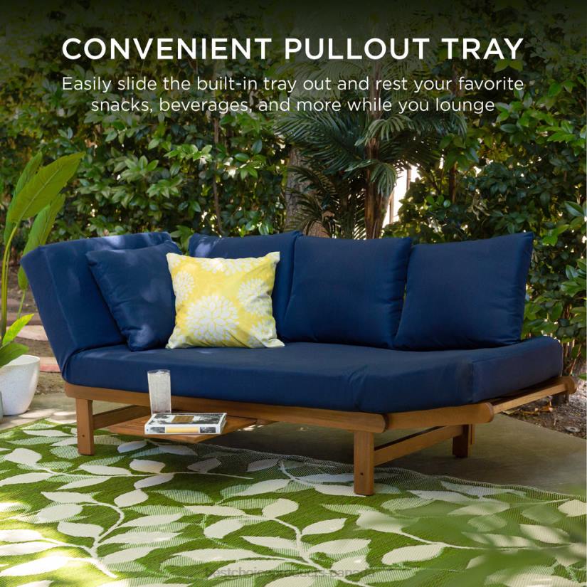 4LT21409 Navy Blue Best Choice Products Outdoor Convertible Acacia Wood Futon Sofa w/ 4 Pillows, Removable Cushion