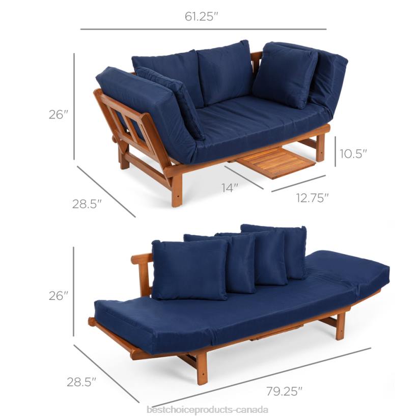 4LT21409 Navy Blue Best Choice Products Outdoor Convertible Acacia Wood Futon Sofa w/ 4 Pillows, Removable Cushion