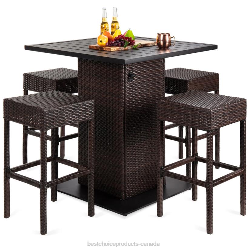 4LT21414 Brown Best Choice Products 5-Piece Wicker Bar Set w/ 4 Stools, Built-In Bottle Opener, Hidden Storage