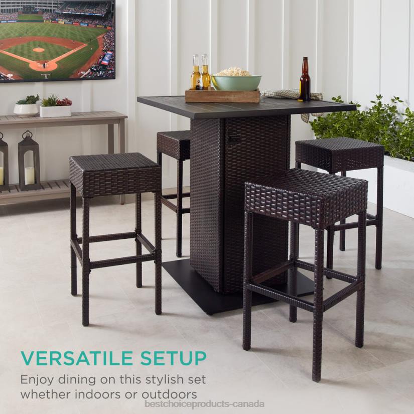 4LT21414 Brown Best Choice Products 5-Piece Wicker Bar Set w/ 4 Stools, Built-In Bottle Opener, Hidden Storage