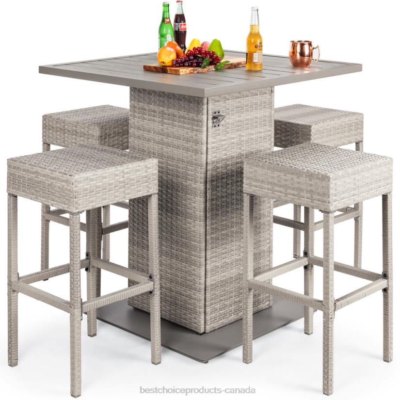 4LT21415 Gray Best Choice Products 5-Piece Wicker Bar Set w/ 4 Stools, Built-In Bottle Opener, Hidden Storage