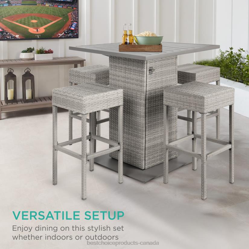 4LT21415 Gray Best Choice Products 5-Piece Wicker Bar Set w/ 4 Stools, Built-In Bottle Opener, Hidden Storage
