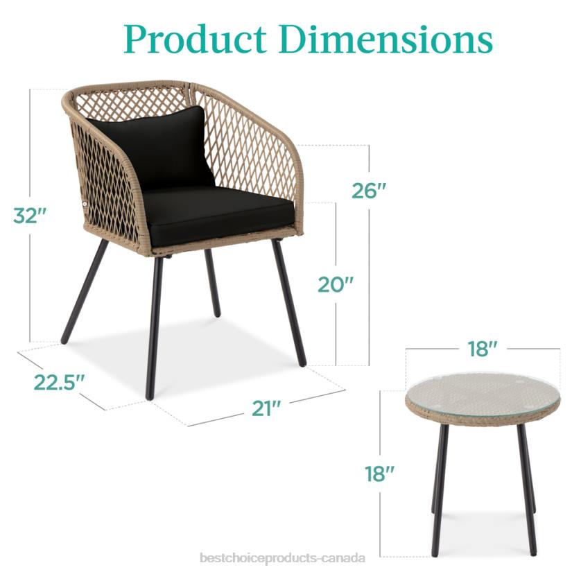 4LT21445 Black Best Choice Products 3-Piece Outdoor Diamond Weave Wicker Bistro Set w/ Tempered Glass Side Table