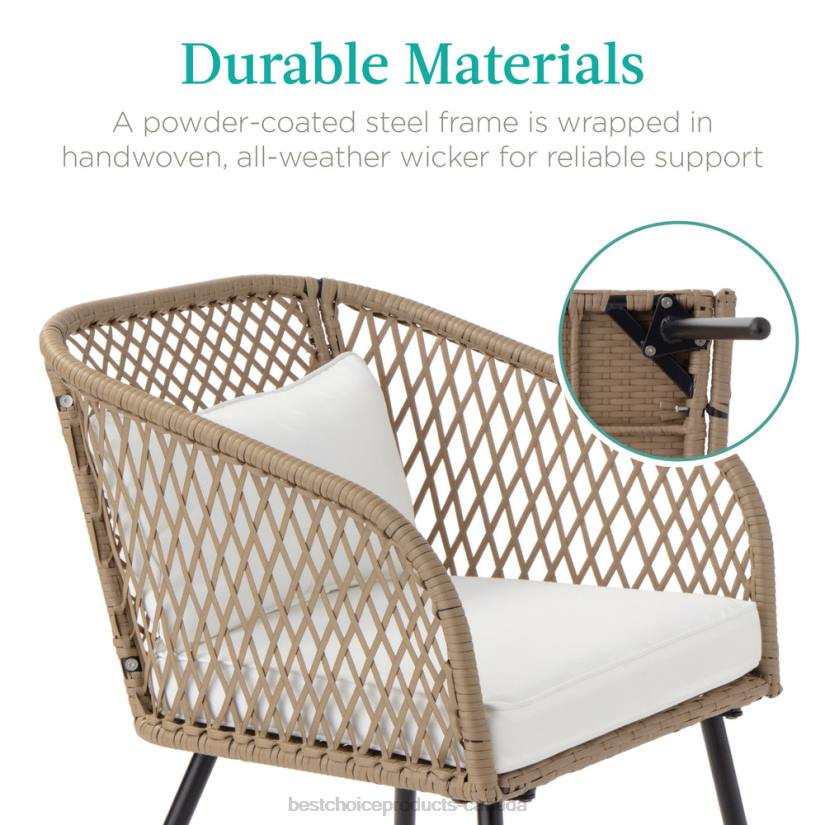 4LT21446 Ivory Best Choice Products 3-Piece Outdoor Diamond Weave Wicker Bistro Set w/ Tempered Glass Side Table