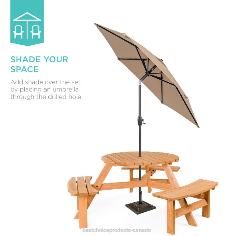 4LT21480 Natural Best Choice Products 6-Person Circular Wooden Picnic Table w/ Umbrella Hole, 3 Benches