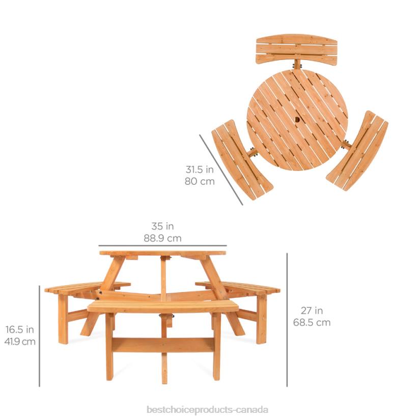 4LT21480 Natural Best Choice Products 6-Person Circular Wooden Picnic Table w/ Umbrella Hole, 3 Benches