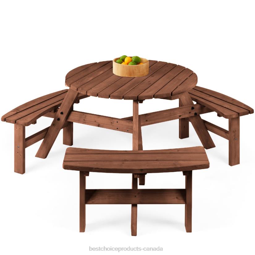 4LT21481 Walnut Brown Best Choice Products 6-Person Circular Wooden Picnic Table w/ Umbrella Hole, 3 Benches