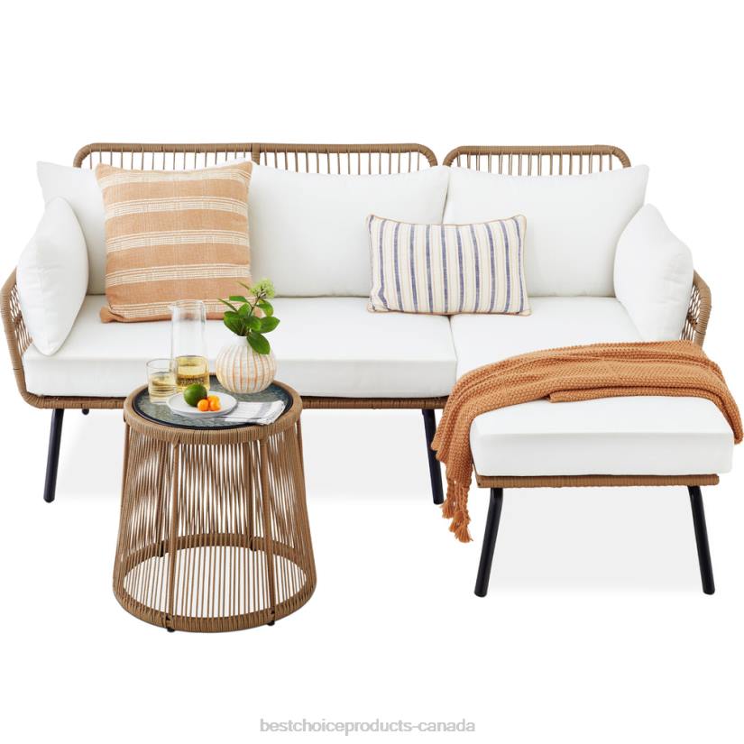 4LT2402 White Best Choice Products Rope Woven Sectional, L-Shape Sofa Set w/ Detachable Lounger, Table