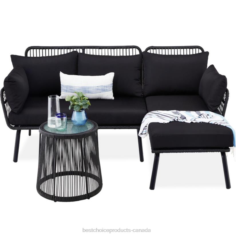 4LT2403 Black Best Choice Products Rope Woven Sectional, L-Shape Sofa Set w/ Detachable Lounger, Table