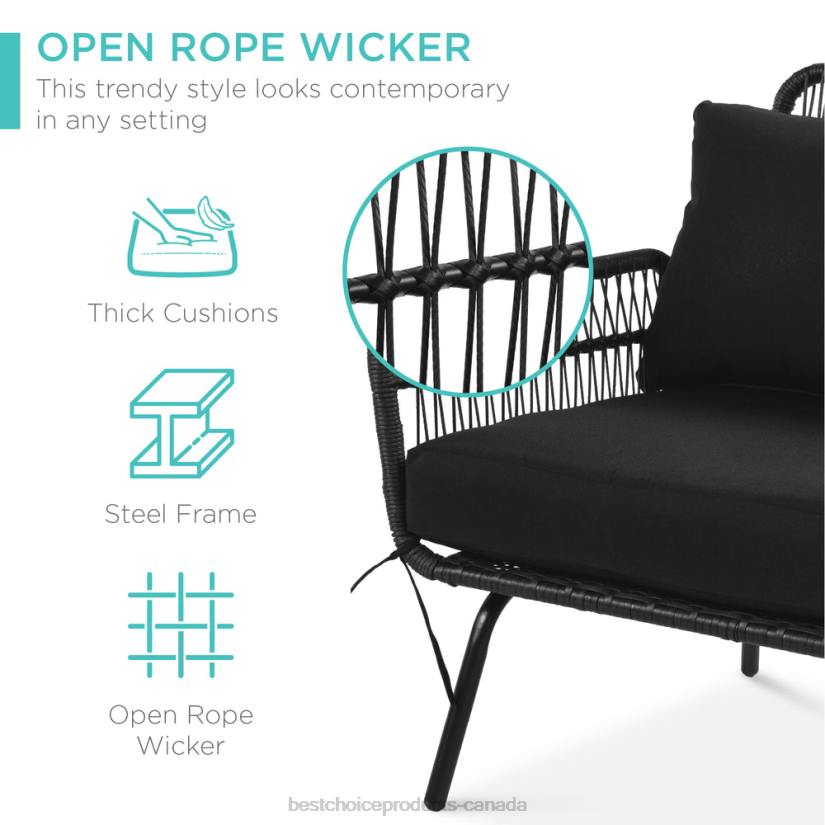 4LT2403 Black Best Choice Products Rope Woven Sectional, L-Shape Sofa Set w/ Detachable Lounger, Table