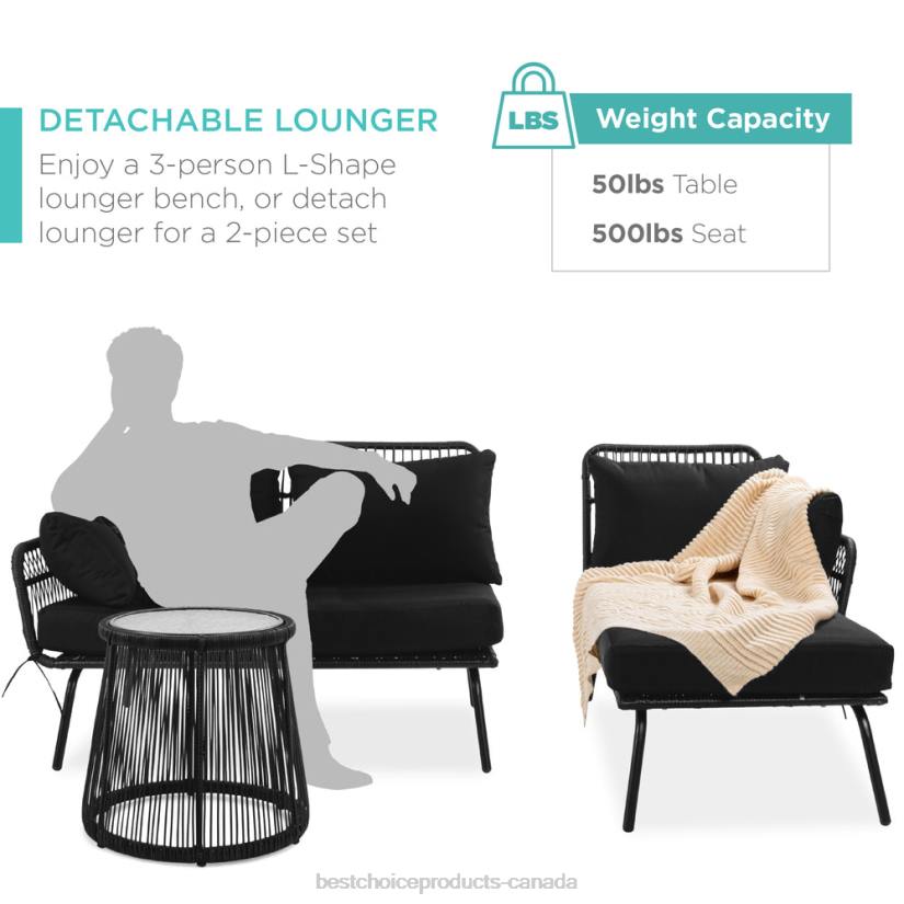 4LT2403 Black Best Choice Products Rope Woven Sectional, L-Shape Sofa Set w/ Detachable Lounger, Table