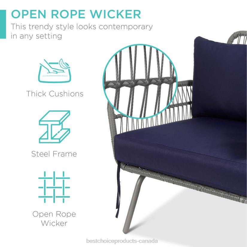 4LT2404 Gray/Navy Best Choice Products Rope Woven Sectional, L-Shape Sofa Set w/ Detachable Lounger, Table