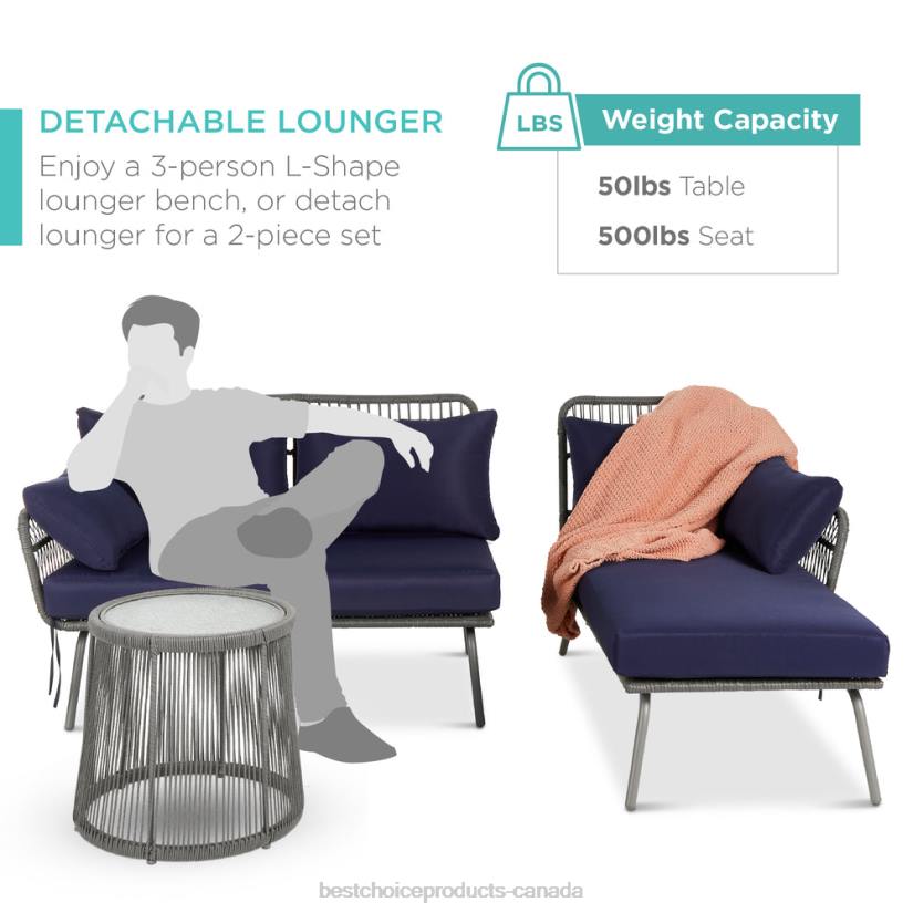 4LT2404 Gray/Navy Best Choice Products Rope Woven Sectional, L-Shape Sofa Set w/ Detachable Lounger, Table