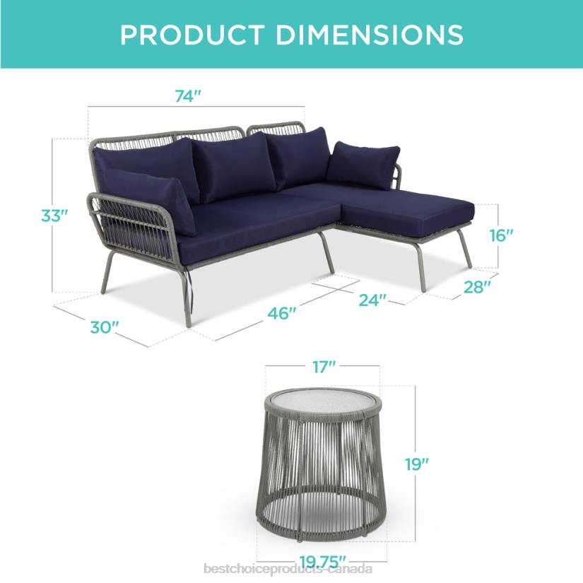 4LT2404 Gray/Navy Best Choice Products Rope Woven Sectional, L-Shape Sofa Set w/ Detachable Lounger, Table