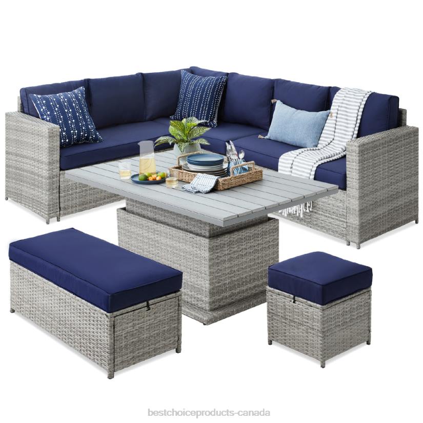 4LT2428 Gray/Navy Best Choice Products 6-Piece Wicker Patio Furniture Set w/ Height-Adjustable Dining Table