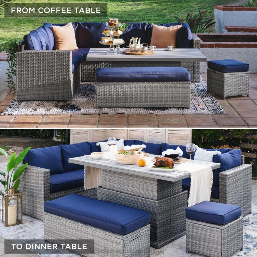 4LT2428 Gray/Navy Best Choice Products 6-Piece Wicker Patio Furniture Set w/ Height-Adjustable Dining Table