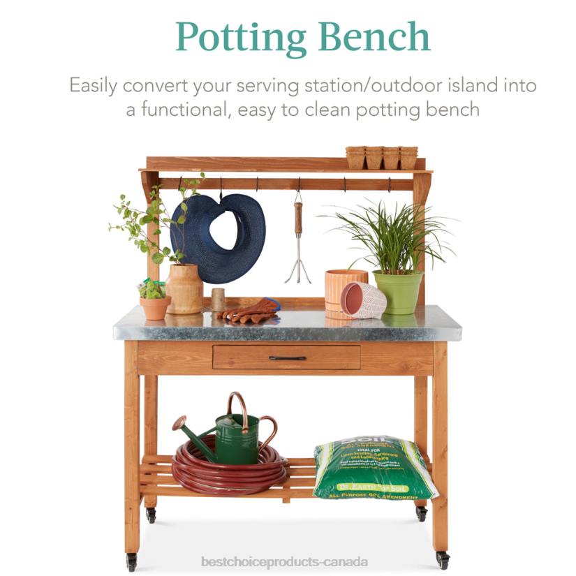 4LT2430 Stained Brown Best Choice Products Mobile Outdoor Table and Storage Cabinet w/ 4 Wheels, Stainless Steel Top