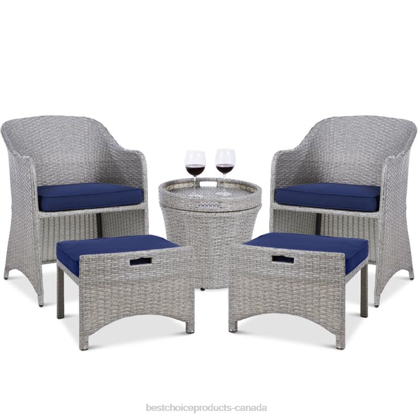 4LT2853 Gray/Navy Best Choice Products 5-Piece Outdoor Wicker Bistro Set w/ Side Storage Table, No Assembly