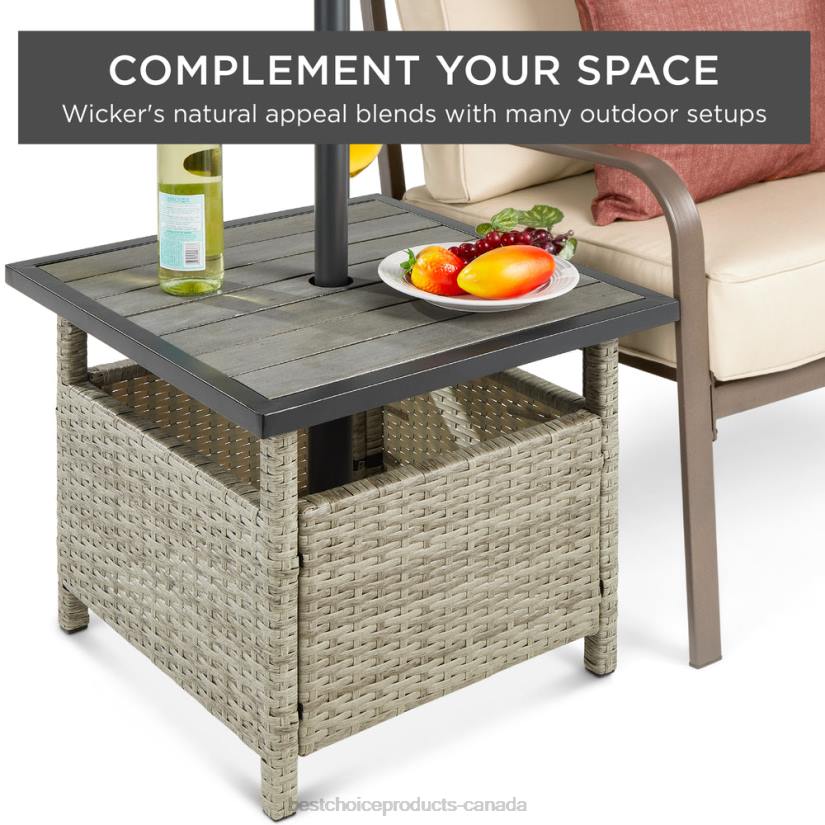 4LT2931 Gray Best Choice Products Outdoor Wicker Patio Side Table Accent Furniture w/ Umbrella Hole
