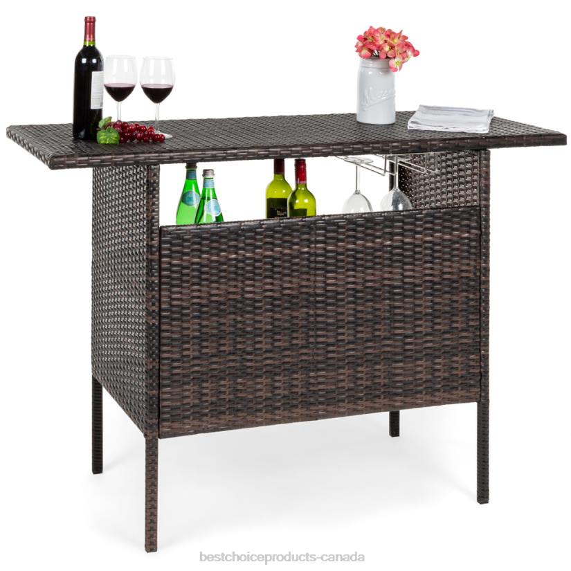 4LT2932 Brown Best Choice Products Outdoor Wicker Bar Counter Table w/ 2 Steel Shelves, 2 Rails