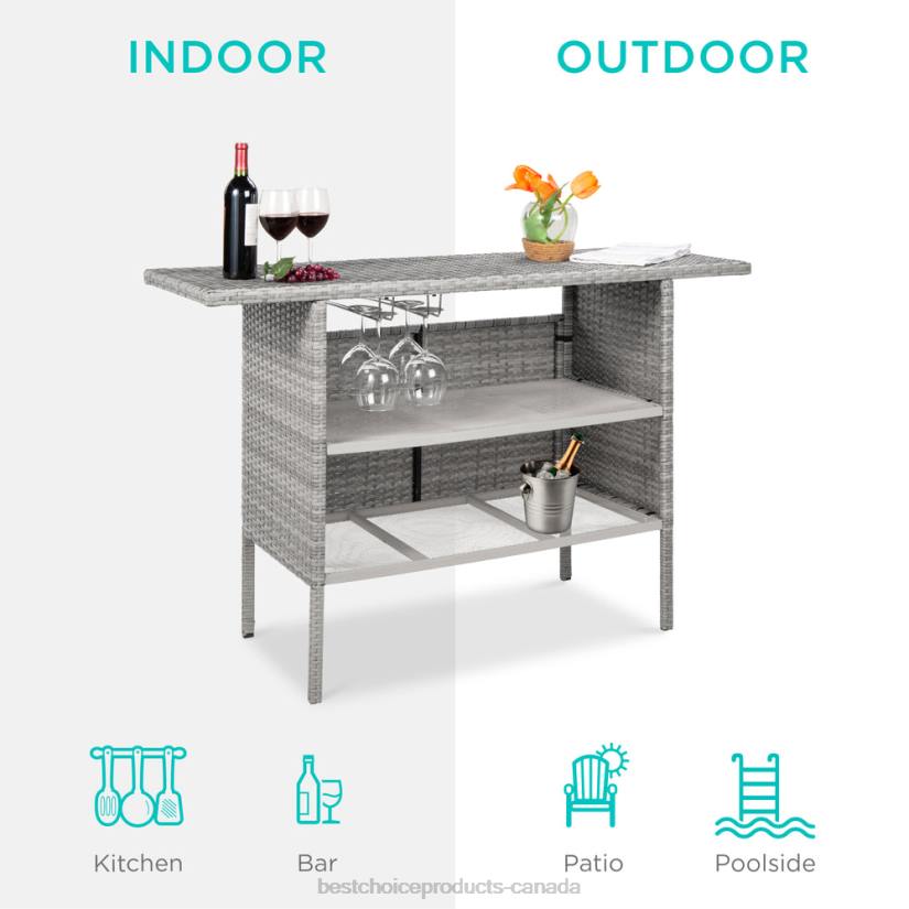 4LT2933 Gray Best Choice Products Outdoor Wicker Bar Counter Table w/ 2 Steel Shelves, 2 Rails