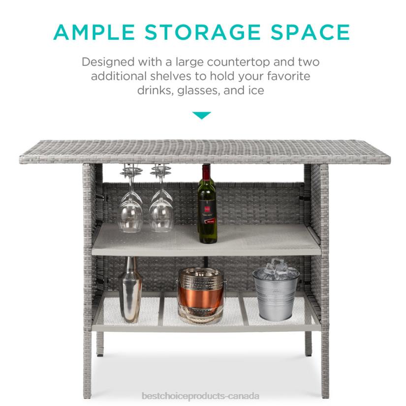 4LT2933 Gray Best Choice Products Outdoor Wicker Bar Counter Table w/ 2 Steel Shelves, 2 Rails