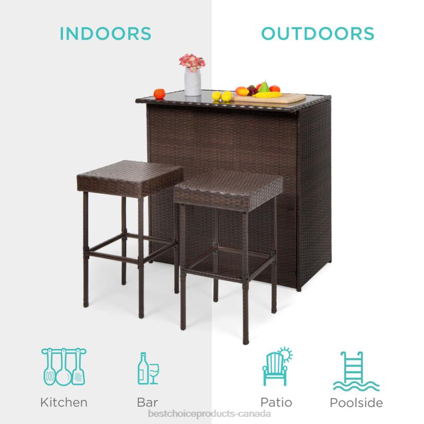 4LT2943 Brown Best Choice Products 3-Piece Outdoor All-Weather Wicker Bar Table Set w/ 2 Stools