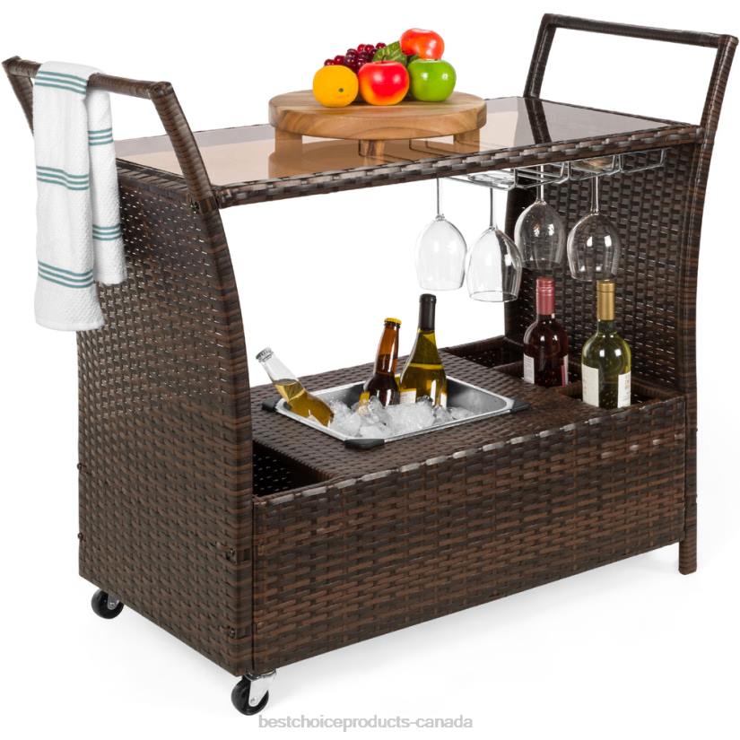 4LT2944 Brown Best Choice Products Wicker Serving Bar Cart w/ Wheels, Glass Counter, Ice Bucket