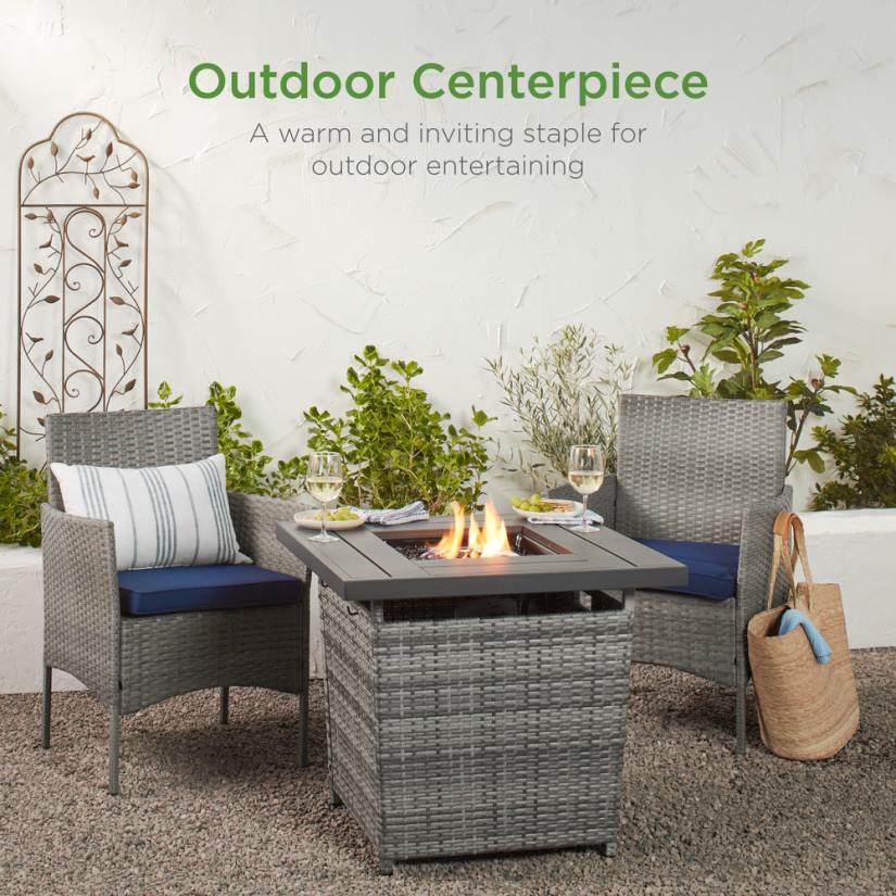4LT21420 Gray Best Choice Products 28in Fire Pit Table 50,000 BTU Wicker Propane w/ Faux Wood Tabletop, Cover