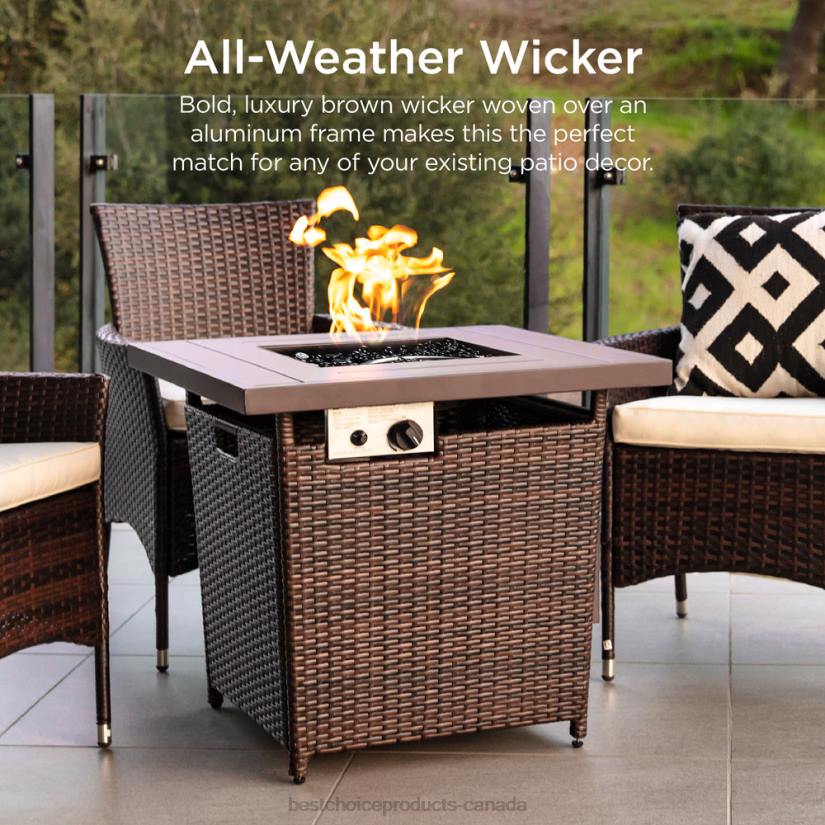 4LT21421 Brown Best Choice Products 28in Fire Pit Table 50,000 BTU Wicker Propane w/ Faux Wood Tabletop, Cover