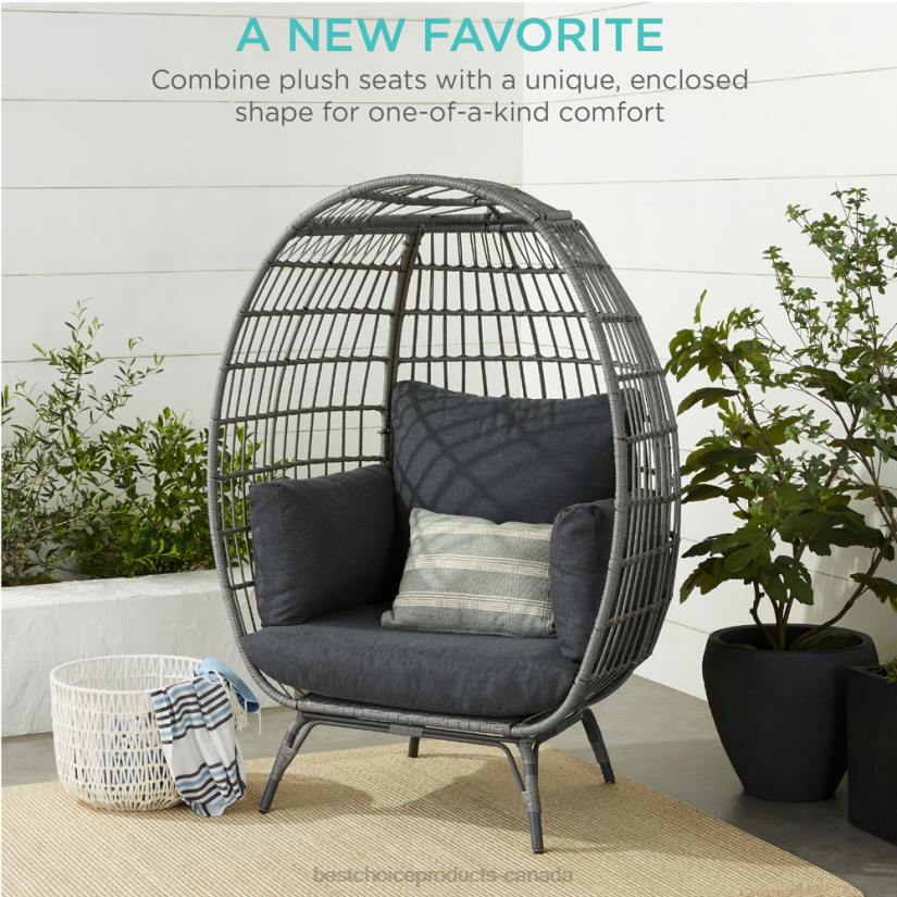 4LT21325 Gray/Charcoal Best Choice Products Wicker Egg Chair Oversized Indoor Outdoor Patio Lounger