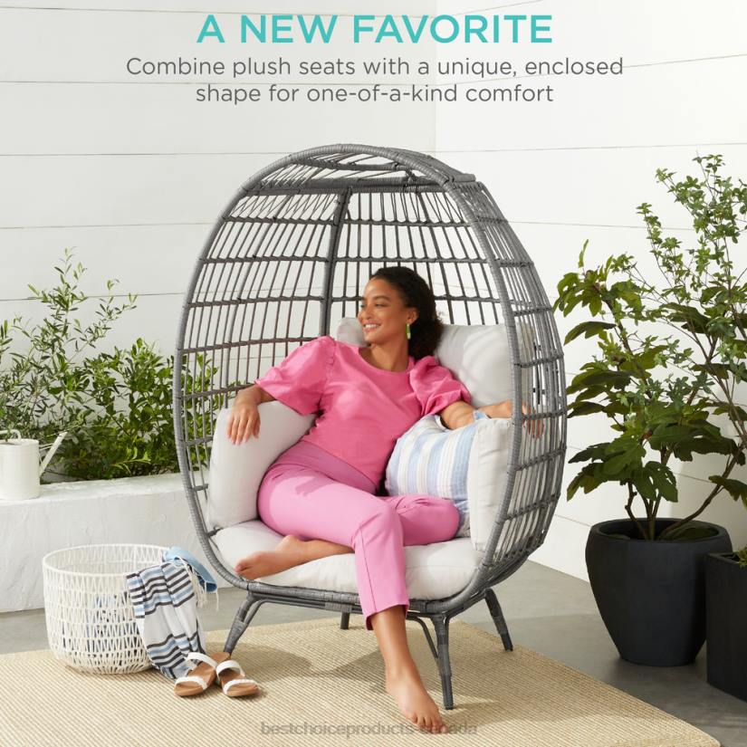 4LT21326 Gray/White Sand Best Choice Products Wicker Egg Chair Oversized Indoor Outdoor Patio Lounger