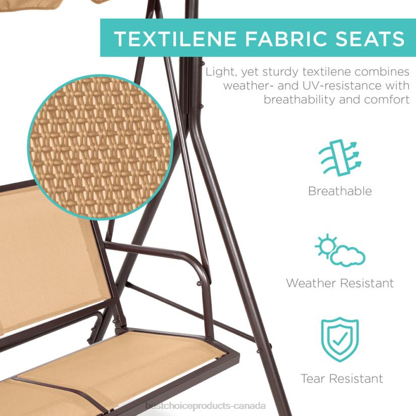 4LT21355 Tan Best Choice Products 2-Seater Outdoor Canopy Swing Glider Bench w/ Textilene Fabric, Steel Frame