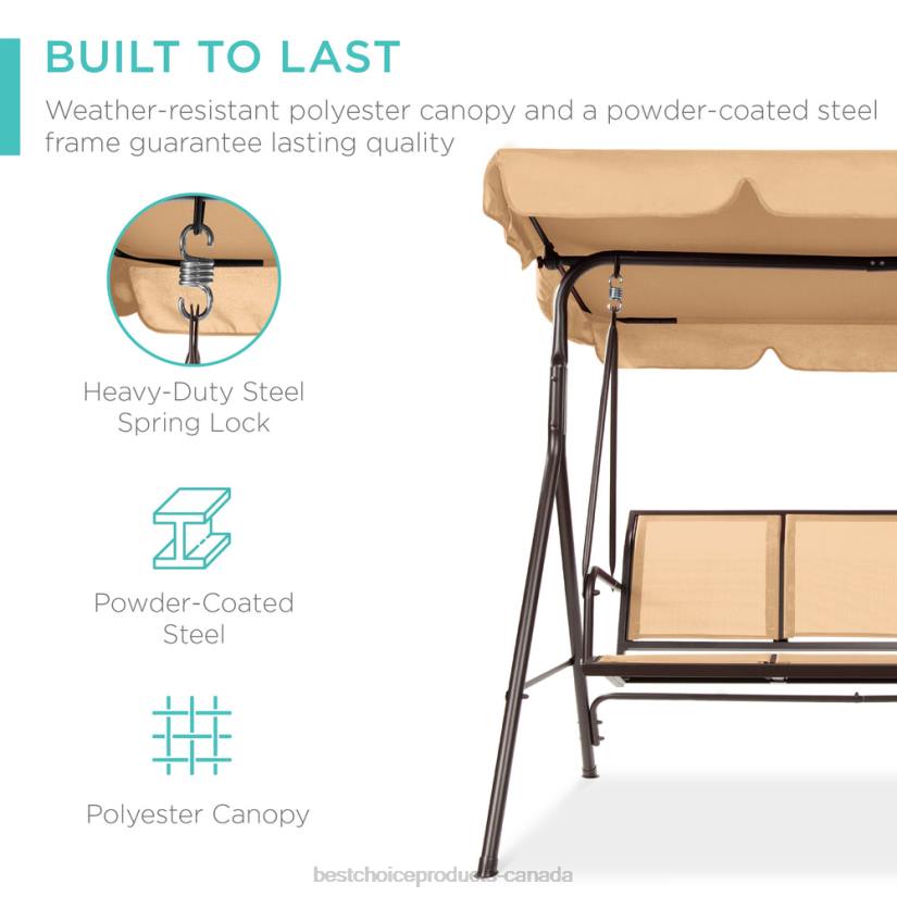 4LT21355 Tan Best Choice Products 2-Seater Outdoor Canopy Swing Glider Bench w/ Textilene Fabric, Steel Frame