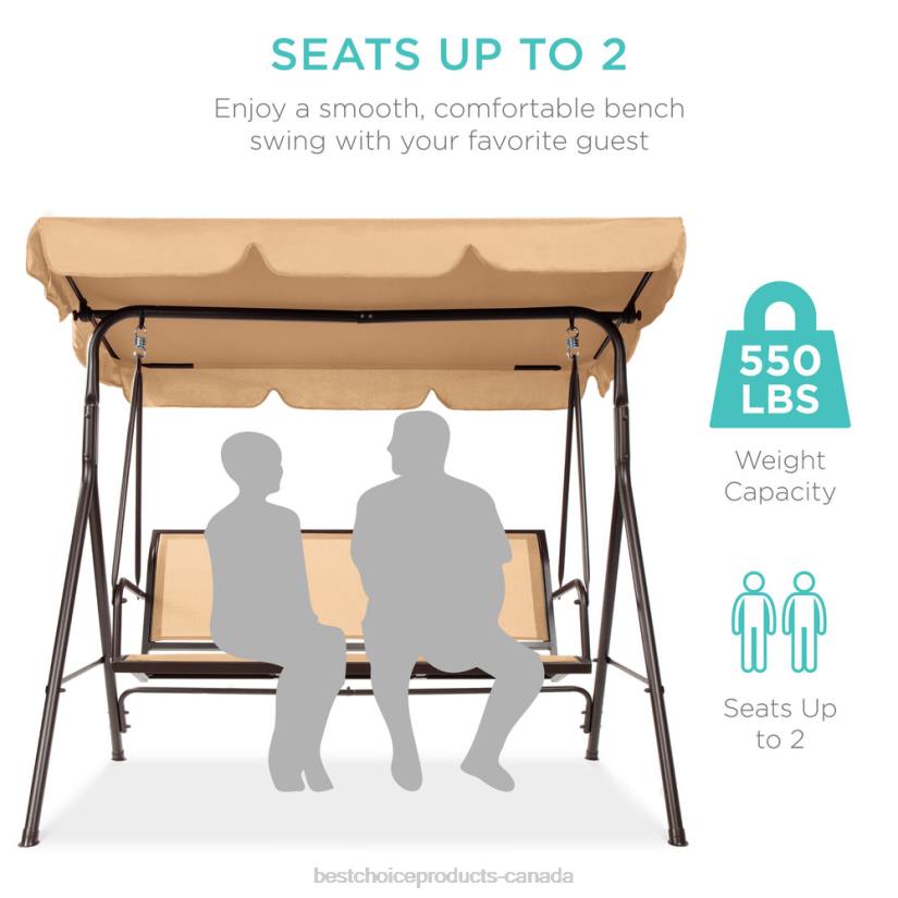 4LT21355 Tan Best Choice Products 2-Seater Outdoor Canopy Swing Glider Bench w/ Textilene Fabric, Steel Frame