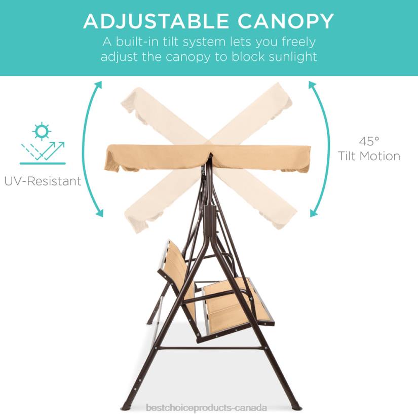 4LT21355 Tan Best Choice Products 2-Seater Outdoor Canopy Swing Glider Bench w/ Textilene Fabric, Steel Frame