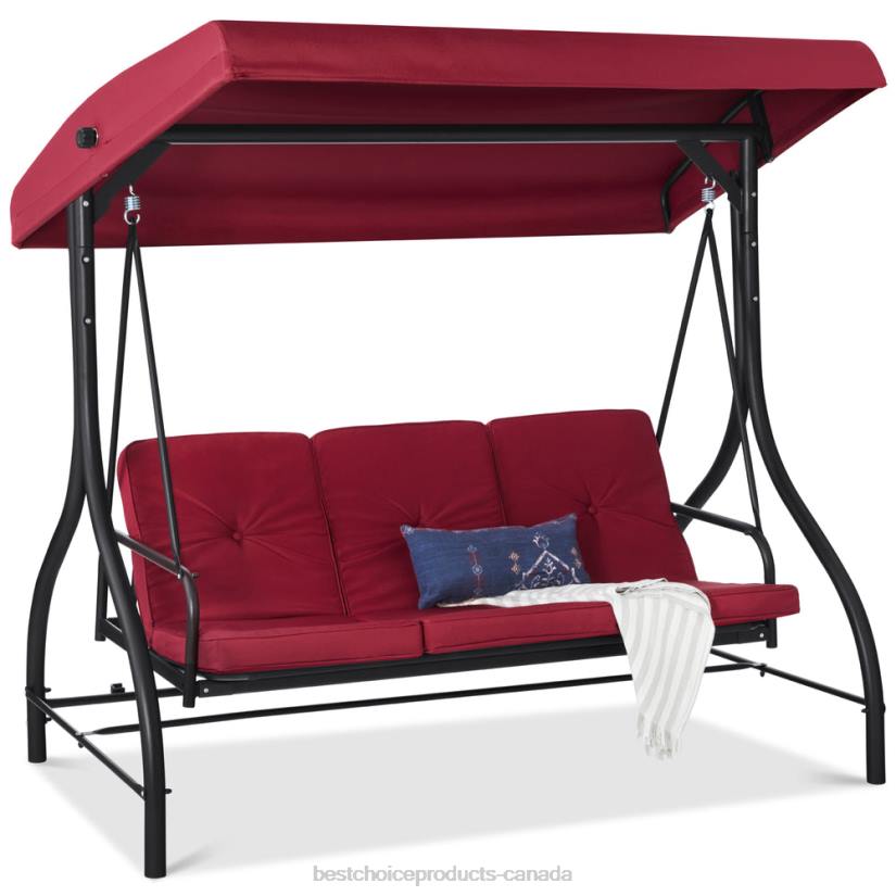 4LT21359 Burgundy Best Choice Products 3-Seat Outdoor Canopy Swing Glider Furniture w/ Converting Flatbed Backrest