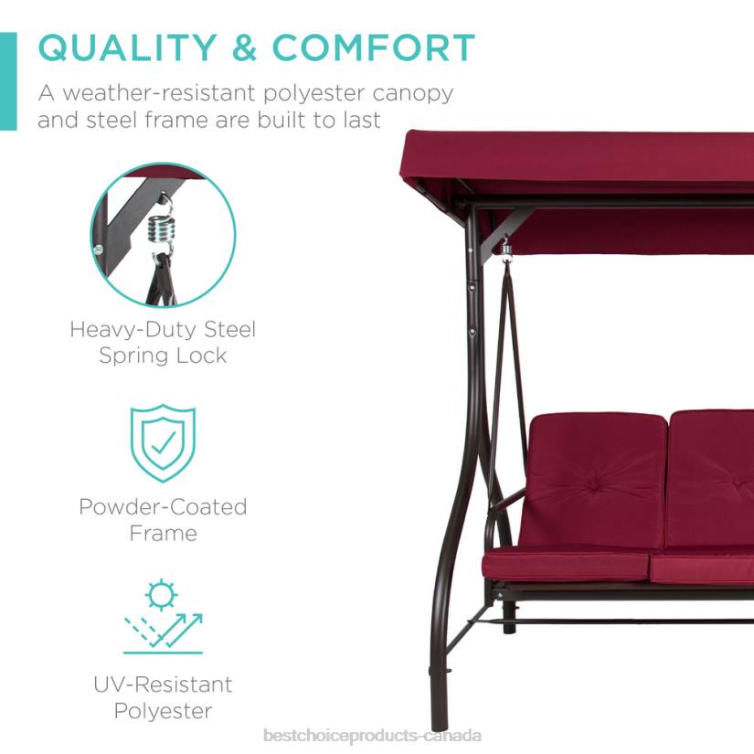 4LT21359 Burgundy Best Choice Products 3-Seat Outdoor Canopy Swing Glider Furniture w/ Converting Flatbed Backrest