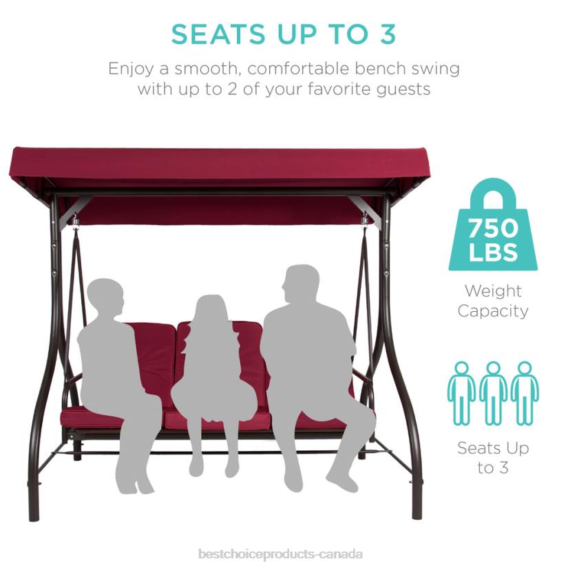 4LT21359 Burgundy Best Choice Products 3-Seat Outdoor Canopy Swing Glider Furniture w/ Converting Flatbed Backrest