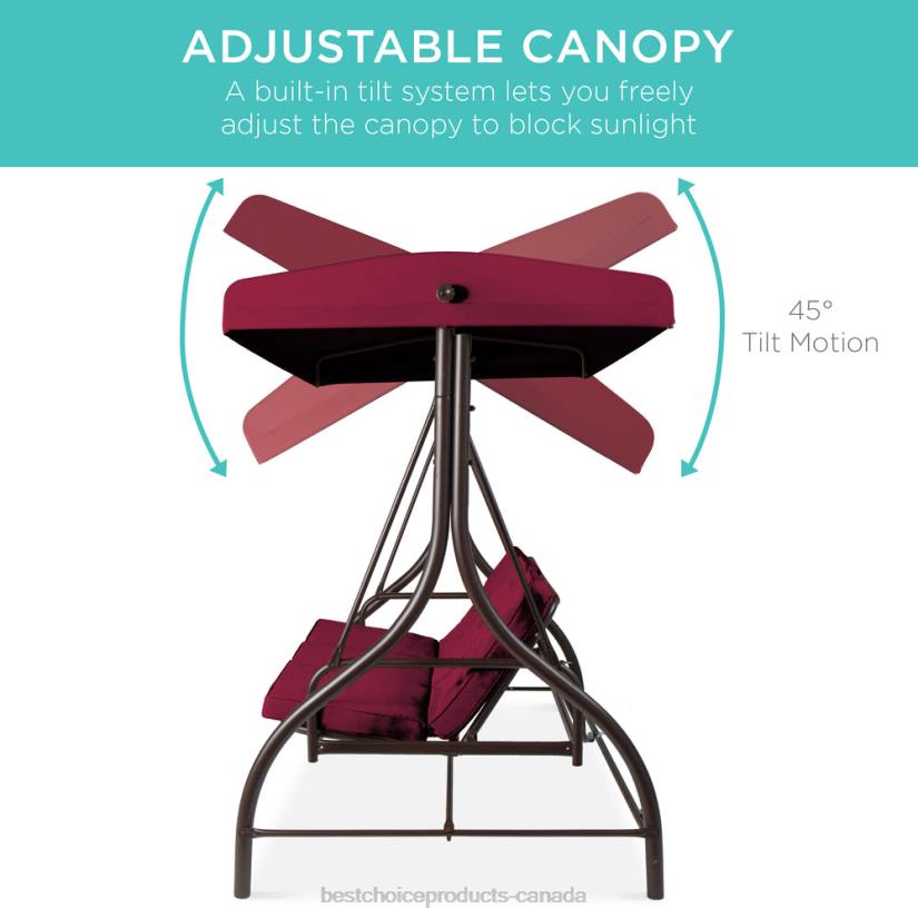 4LT21359 Burgundy Best Choice Products 3-Seat Outdoor Canopy Swing Glider Furniture w/ Converting Flatbed Backrest