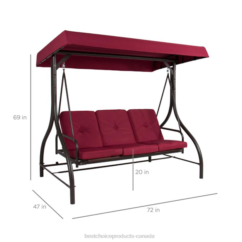 4LT21359 Burgundy Best Choice Products 3-Seat Outdoor Canopy Swing Glider Furniture w/ Converting Flatbed Backrest