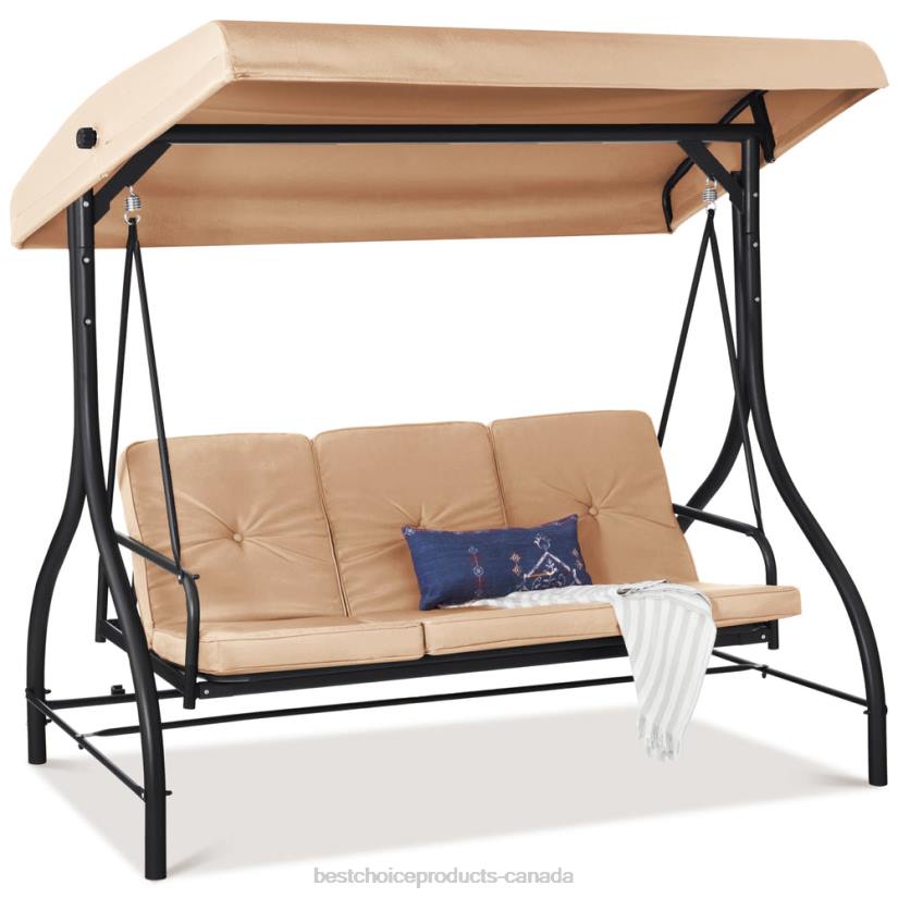 4LT21360 Tan Best Choice Products 3-Seat Outdoor Canopy Swing Glider Furniture w/ Converting Flatbed Backrest