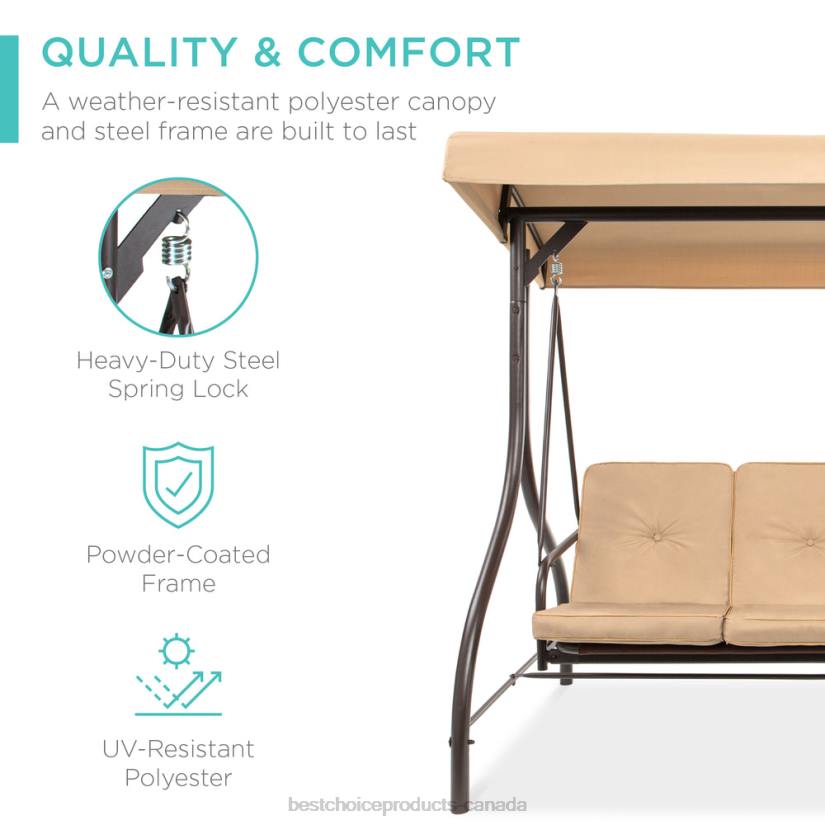 4LT21360 Tan Best Choice Products 3-Seat Outdoor Canopy Swing Glider Furniture w/ Converting Flatbed Backrest