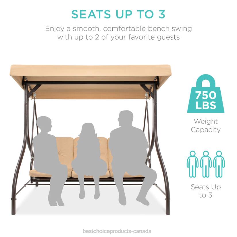 4LT21360 Tan Best Choice Products 3-Seat Outdoor Canopy Swing Glider Furniture w/ Converting Flatbed Backrest