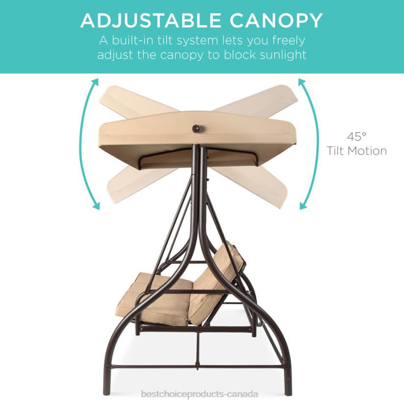 4LT21360 Tan Best Choice Products 3-Seat Outdoor Canopy Swing Glider Furniture w/ Converting Flatbed Backrest