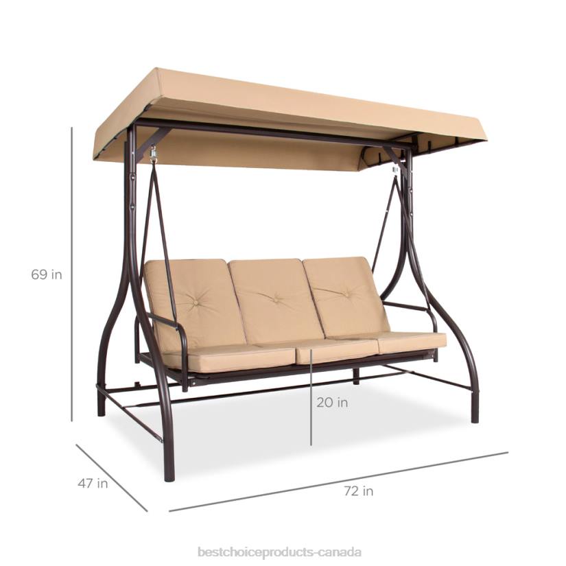 4LT21360 Tan Best Choice Products 3-Seat Outdoor Canopy Swing Glider Furniture w/ Converting Flatbed Backrest