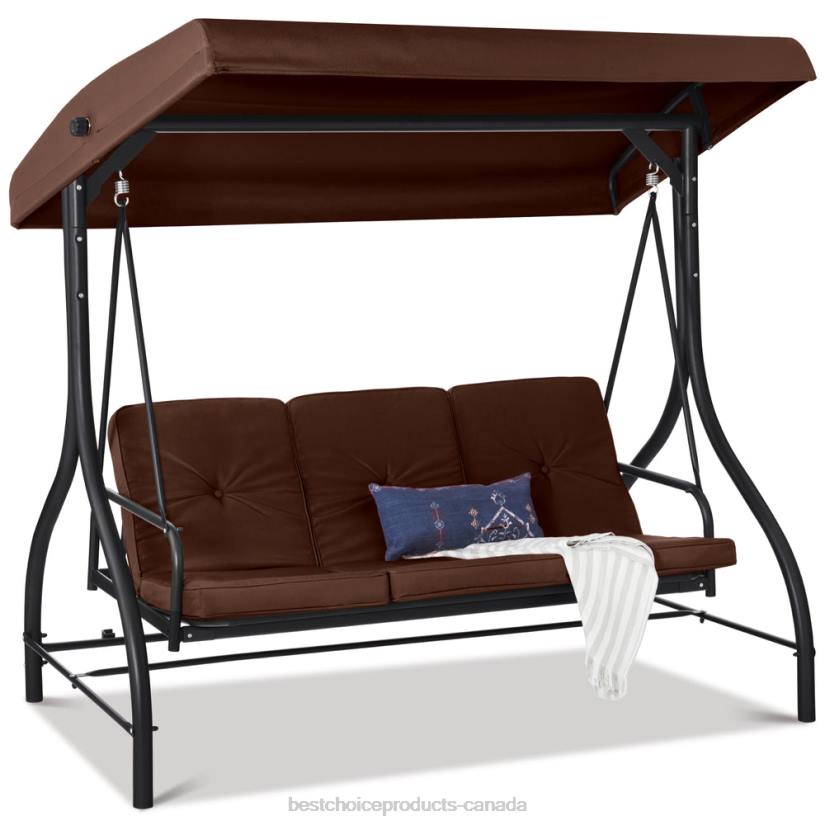 4LT21361 Brown Best Choice Products 3-Seat Outdoor Canopy Swing Glider Furniture w/ Converting Flatbed Backrest