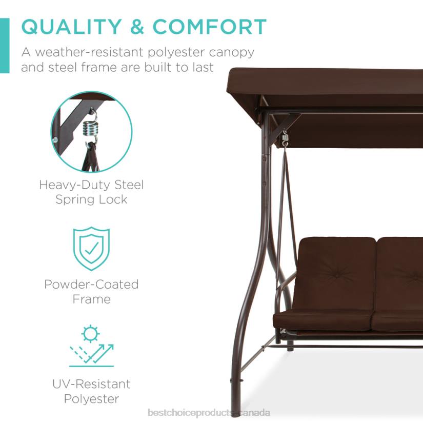 4LT21361 Brown Best Choice Products 3-Seat Outdoor Canopy Swing Glider Furniture w/ Converting Flatbed Backrest